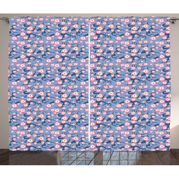 Cherry Blossom Curtains 2 Panels Set, Art Deco Curtains Blue