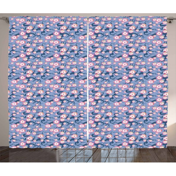Cherry Blossom Curtains 2 Panels Set Art Deco Fish Scale Pattern Flowers And Climbing Bean Plant Window Ds For Living Room Bedroom 108w X 63l Inches Pink By Cherry Blossom Curtains 2 Panels Set, Art Deco Curtains Blue