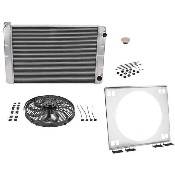 Speedway Motors Universal SBC Double Pass Aluminum Radiator Kit with 16 Inch Electric Fan and Shroud, 26 Inch Wide Crossflow Cooling System with Radiator Cap