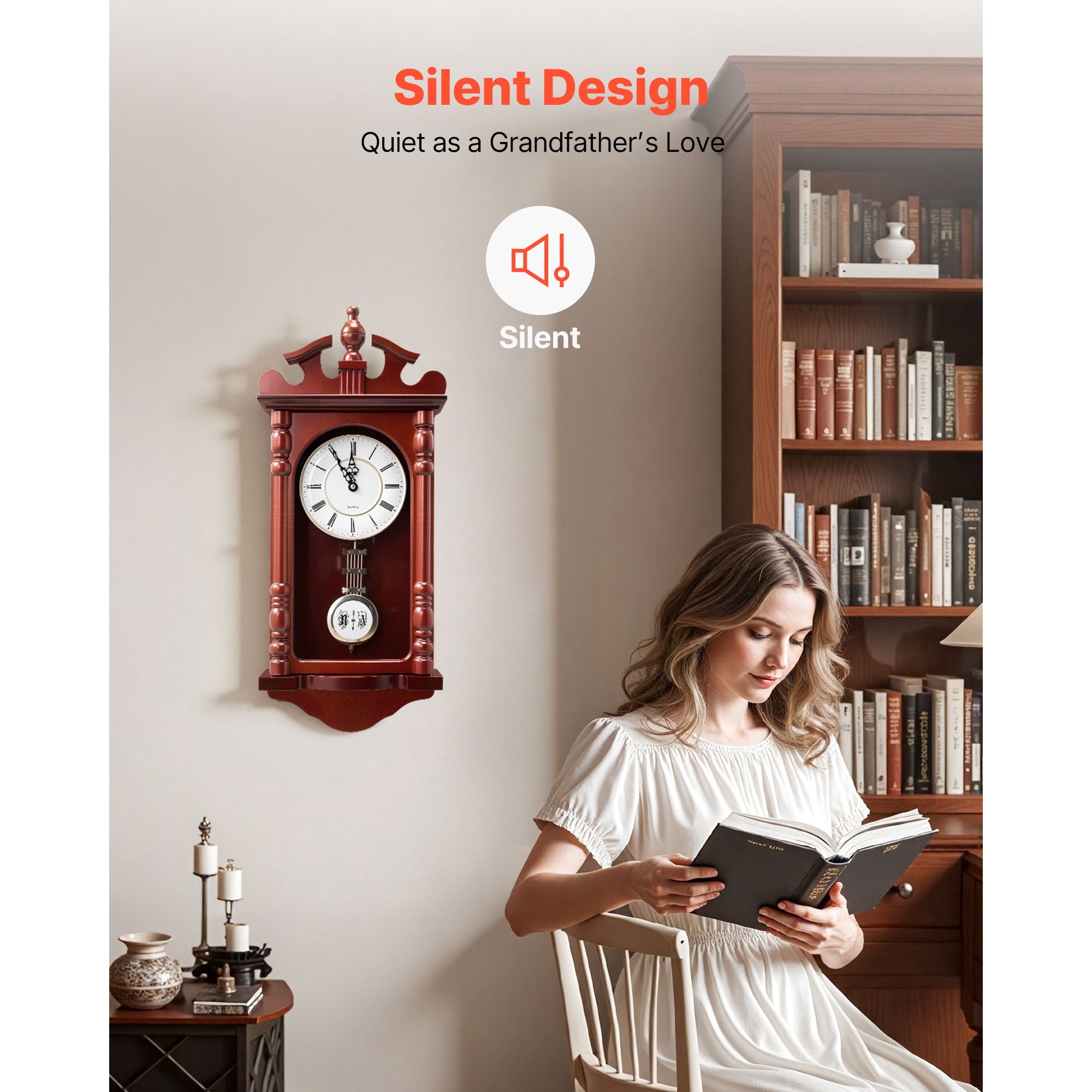 KFFKFF Classic Grandfather Clock, 23.2 in Vintage Pendulum Wall Clock, Pine Wood & MDF Construction with Quartz Mechanism and Silent Operation, Ideal for Living Room, Bedroom, Home Decoration & Gift