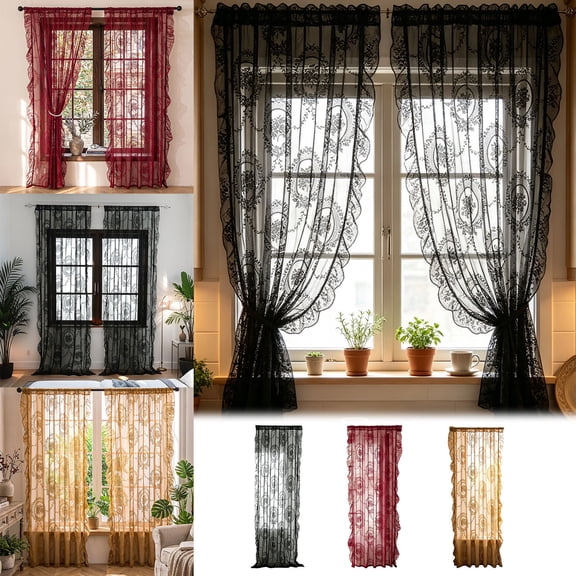 Dongrere 1 Panel Vintage Floral Lace Sheer Window Curtain Rod Pocket Light Filtering Drape for Bedroom Living Room Decor, 55x63 Inch, Black