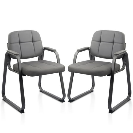 CLATINA Waiting Room Guest Chair with Bonded Leather Padded Arm Rest for Office Reception and Conference Desk Black with Sled Base Grey 2 Pack