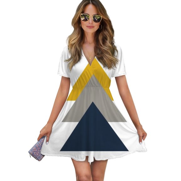 Abstract Geometric Triangle Art Women Dress V-Neck Short Sleeve Flowy Swing Party Midi Dress