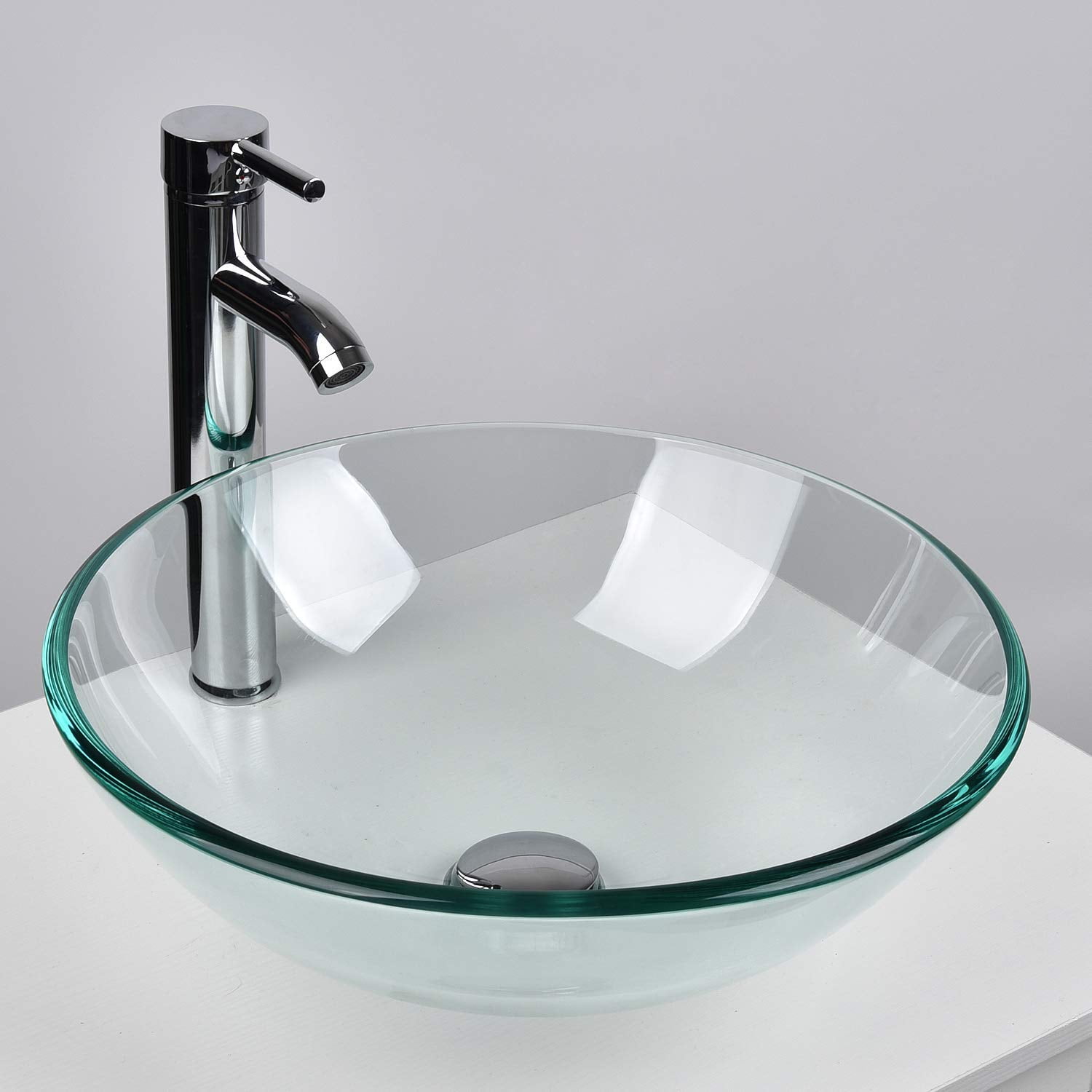14" Small White Bathroom Vanity Cabinet Set & Glass Vessel Sink Faucet Drain 