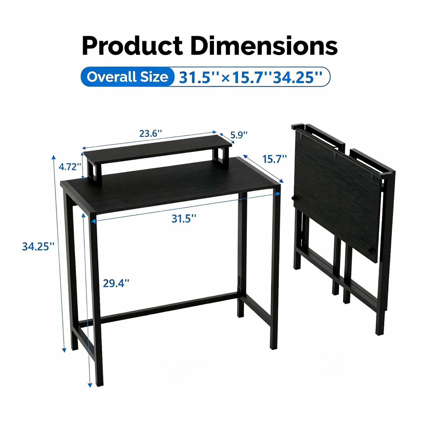 Astoutdoor Gaming Desk with Desktop Shelf and Lighting, Foldable Computer Desk, Black, 31.5 in