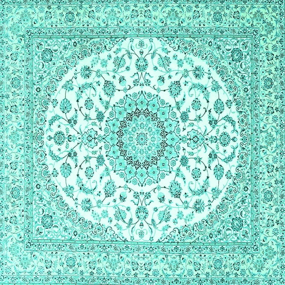 Ahgly Company Machine Washable Indoor Square Medallion Turquoise Blue Traditional Area Rugs, 8' Square