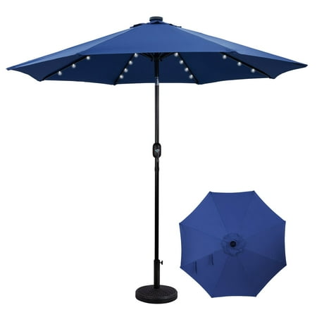 Backyard Expressions 9ft Solar Patio Umbrella with 32 LED Lights – Outdoor Market Umbrella with Tilt & Crank, Solar-Powered Lighting, Water-Resistant Fabric for Patio, Deck, Garden, Pool