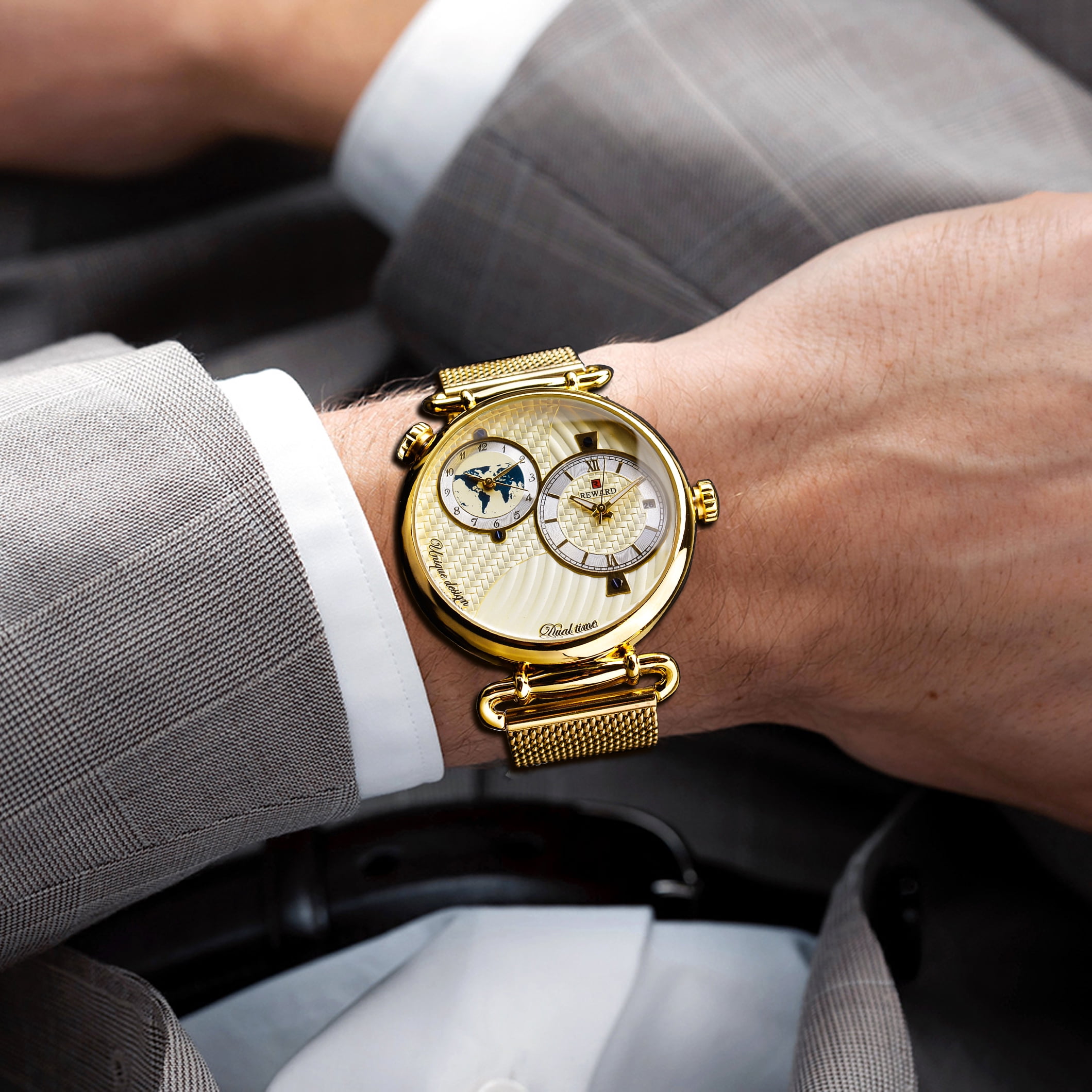 REWARD 2025 Men Watches Golden Classic Vintage Watch For Business Quartz Wristwatch With Gift Box Dual time zone, luminous, Waterproof, Calendar