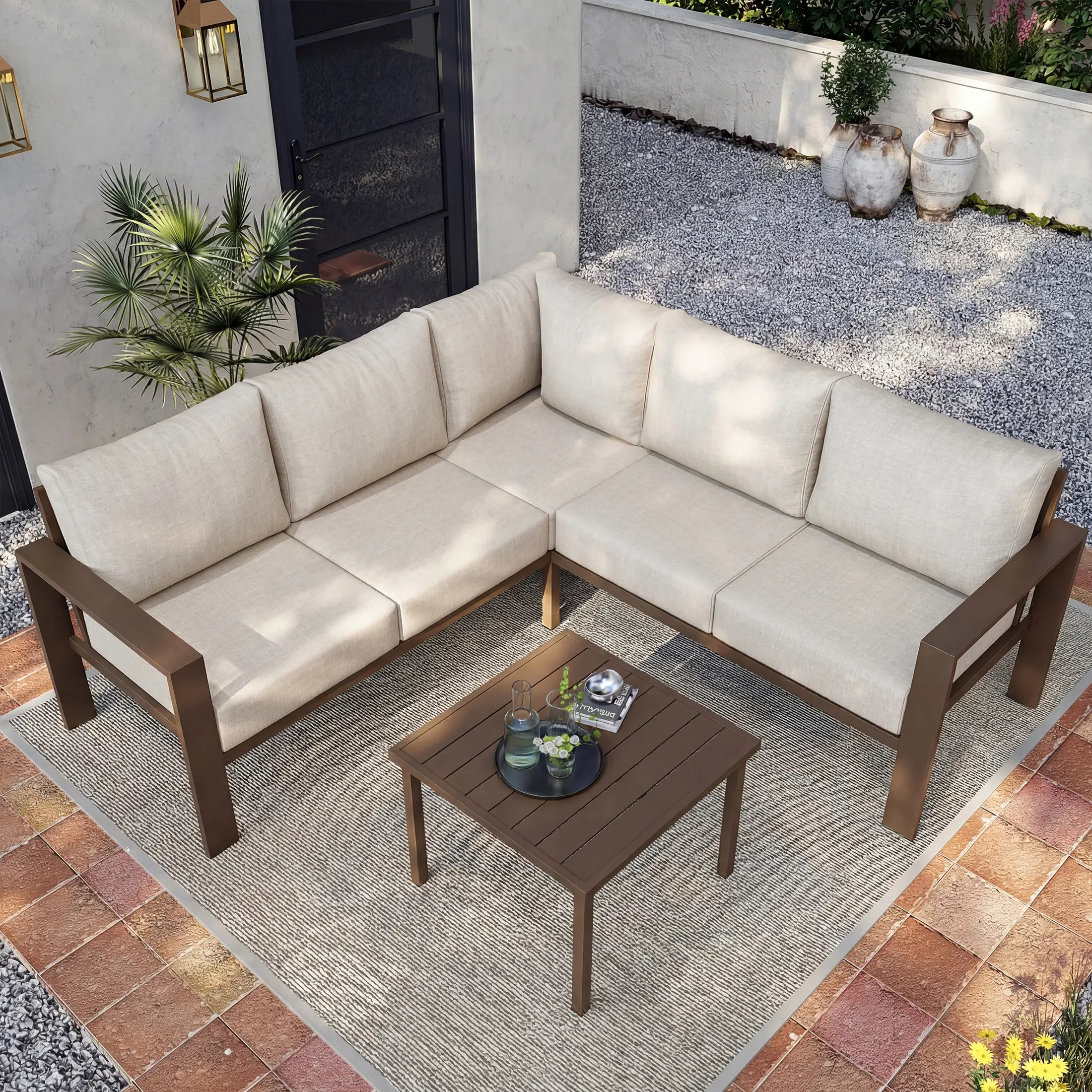 UDPATIO 6-Piece Outdoor Patio Furniture Set, Metal L-Shape Sectional Sofa with 6" Thick Olefin Cushions, Wide Armrest & Coffee Table, Beige for Garden, Backyard