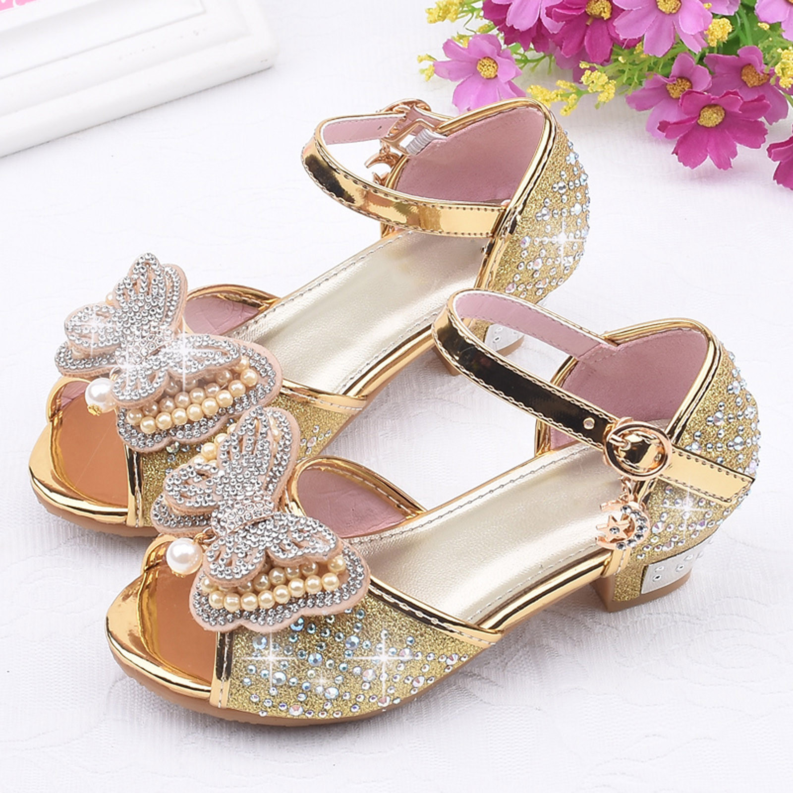 Penkiiy Children's Shoes Girls Fish Mouth Butterfly Pearl Rhinestone Crystal Princess Shoes Dance Shoes Toddler Sandals Wonder 5.5-6 Years Gold On Clearance - image 2 of 7