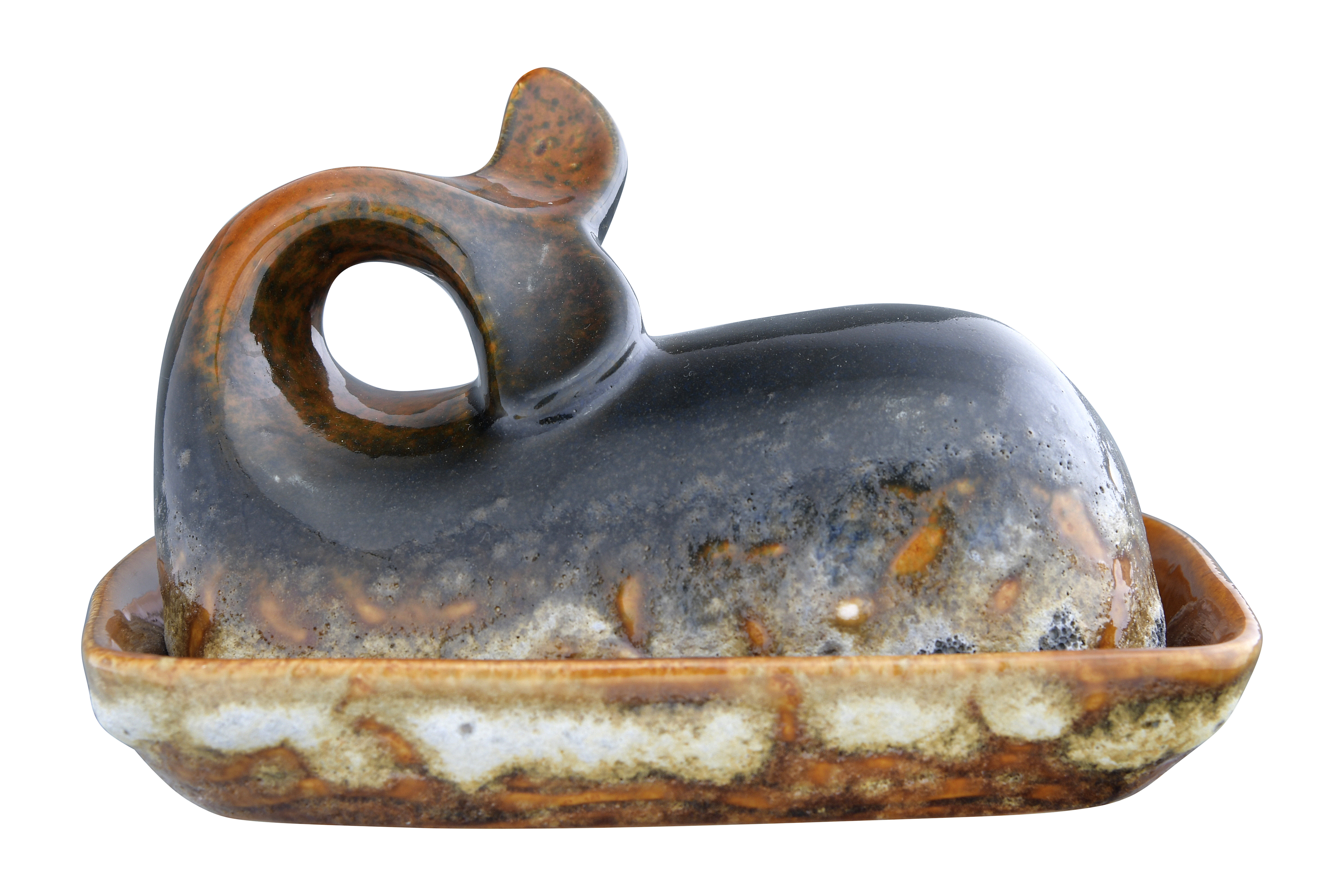 Creative Co-Op DF3127  Stoneware Whale Reactive Glaze Finish Butter Dish Each One Will Vary Brown