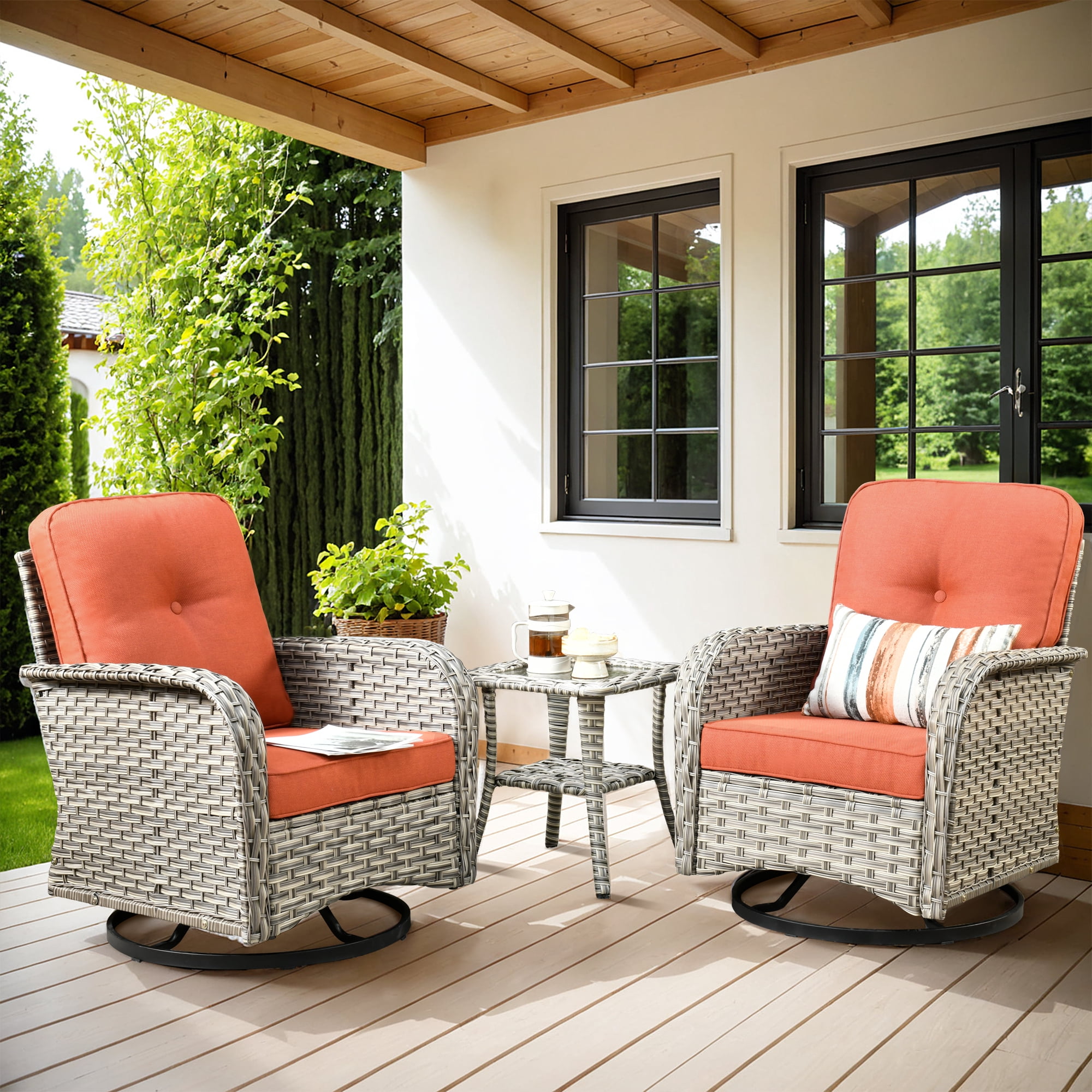 XIZZI 3-Piece Patio Furniture Set High Back Patio Conversation Chairs Set Outdoor Swivel Glider Rocker Chairs Wicker Outdoor Rocking Swivel Chairs with Side Table for Porch, Coarse Orange Red