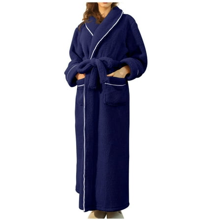 Mrat Womens Pajamas Solid Bandage Robe Lingerie Plus Size Set Female Exotic Lingerie Sets Ladies Sleepwear Nightdress Bathrobe Gown Pajamas Long Sleepwear Pocket Waistband+Belts Navy 3XL