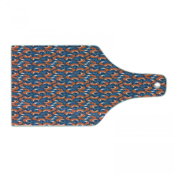 Fox Cutting Board, Doodle Style Flowers and Hearts with Abstract European Forest Animal Pattern, Decorative Tempered Glass Cutting and Serving Board, Wine Bottle Shape, Navy Blue Orange, by Ambesonne