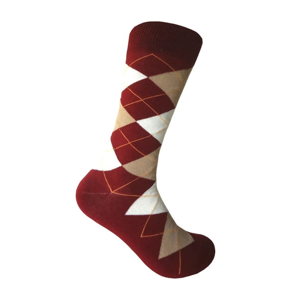 Burgundy(Wine/Maroon/Claret/ Sangria) with Beige and Cream Color Middle-Calf Argyle Plaid Scottish Tartan Dress Casual Socks For men