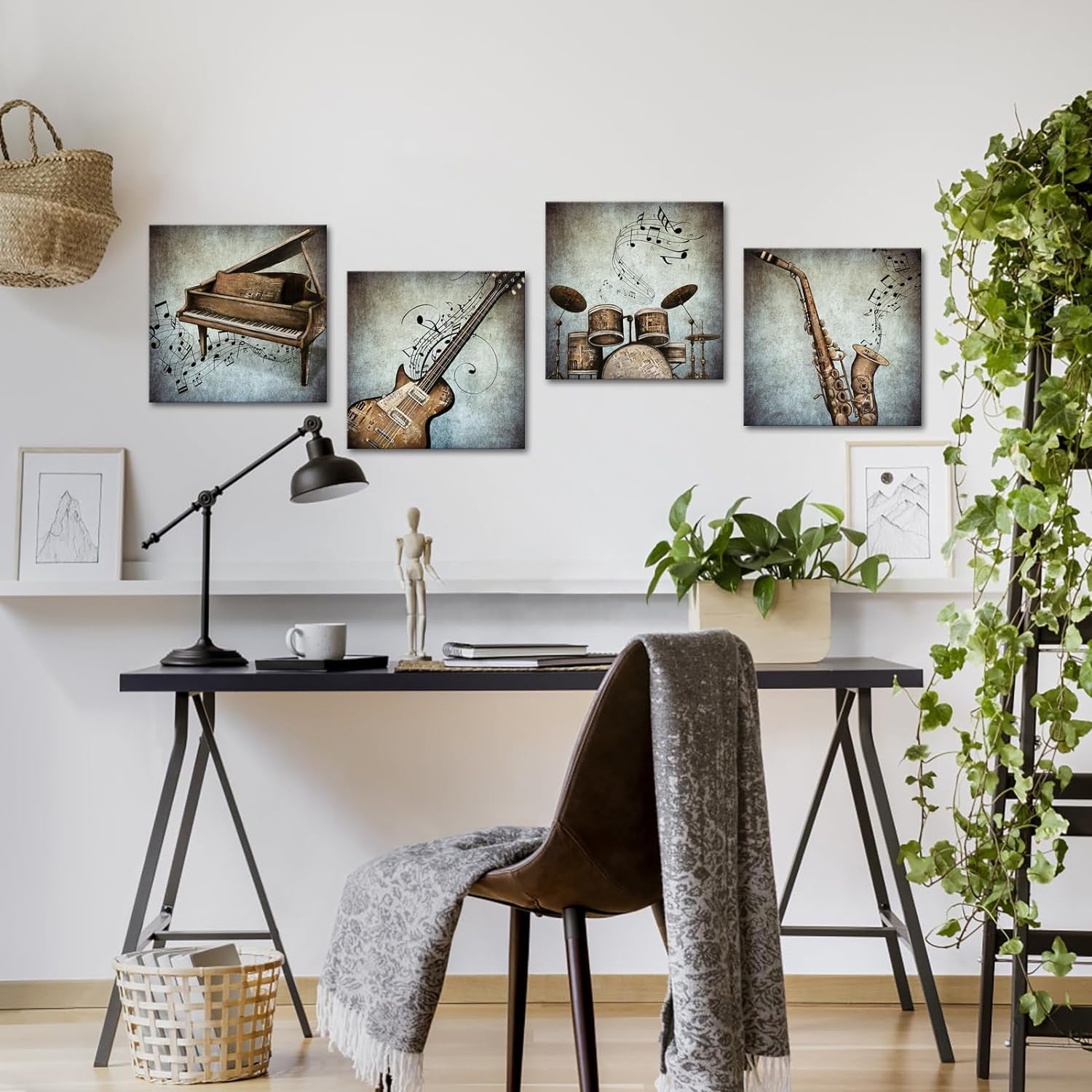 4 Panel Music Canvas Wall Art Vintage Piano Guitar Drum Set Saxophone Pictures Stretched Canvas Framed Art Abstract Music Notes Posters Artwork for Modern Home Bedroom Living Room Decor