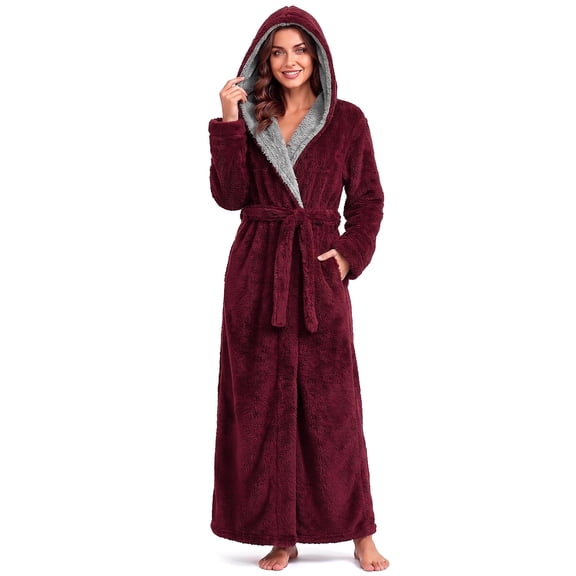 Robes for Women, LOFIR Full-Length Womens Robes, Soft Fleece Hooded Womens Bathrobes, Plush Long Bath Robe with Side Pocket, Winter Warm Pajamas Gift for Women (Wine Red)