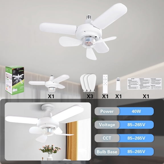 Natubeau 40W Deformable Shop Lights with 3 Adjustable Panels, 2-in-1 Screw-in Ceiling Fan Light, E26/E27 LED Ceiling Light for Bedrooms, Kitchens, Living Rooms, Garages