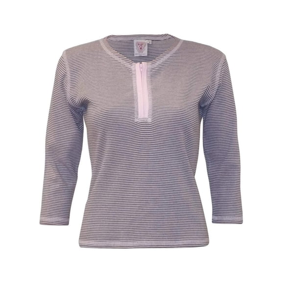 Women's Cotton Jersey Knit 3/4 Sleeve Striped Zip-Up Henley