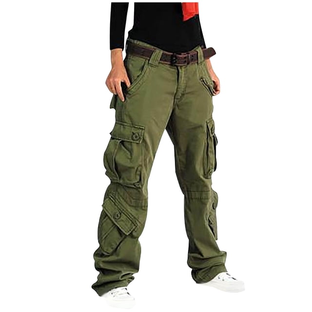 Kyusrd Cargo Pants For Women Mid Waist Multiple Pockets Tactical Pants Casual Solid Color Loose Fit Straight Leg Comfort Overalls