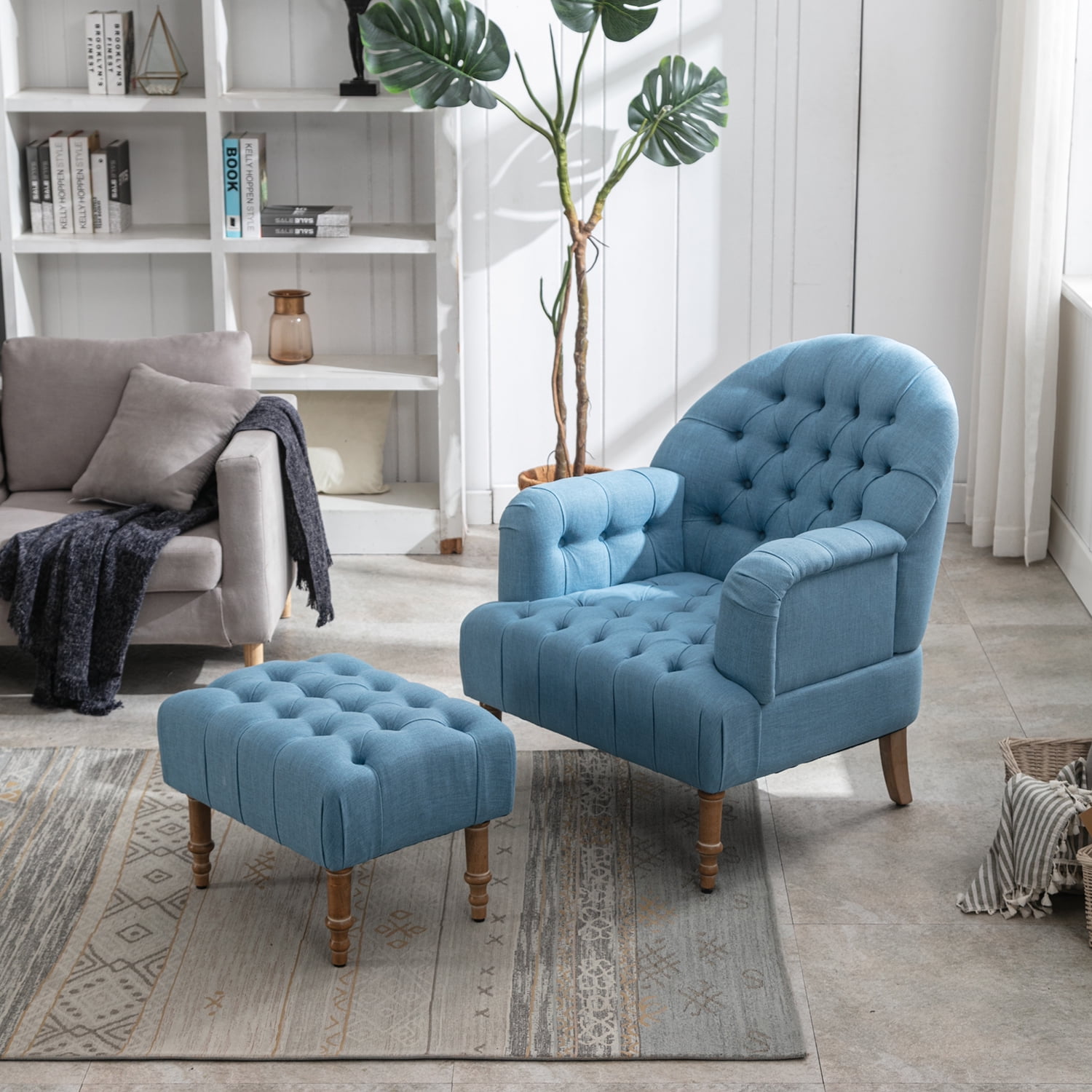 Kadyn Arm Chair for Bedroom, Mid Century Accent Chair with Linen Fabric and Ottoman, Button-Tufted Upholstered Chair Set, Blue