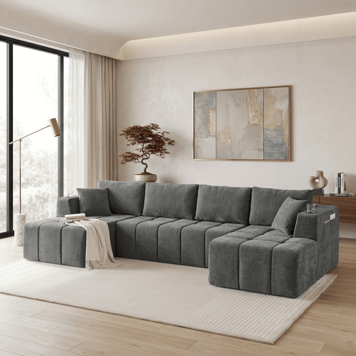 132" Modular Cloud Couch Sectional Sofa, U-Shaped Chenille Sectional with Double Chaise, Cup Holders & Side Pockets, Modern Oversized Sofa for Living Room, No Assembly, Gray