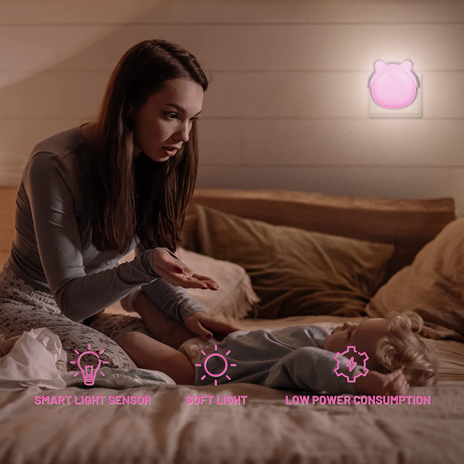 2Pcs Children's Night Light, Baby Room Night Lamp, Automatic Orientation Light, Children's Bear Night Lamp for Children's Room, Bedroom, Kitchen, Bathroom (Pink)