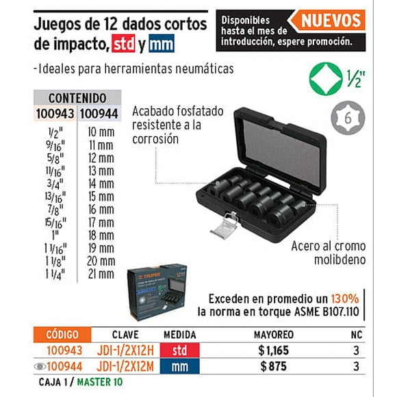 Dados de impacto Truper Juego de 12 1/2' JDI-1/2X12H