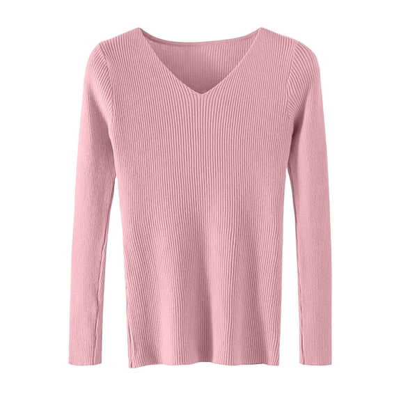 Vynhevius Women's V Neck Sweater Long Sleeve Ribbed Solid Slim Fit Stretchy Casual Layer Knit Tops