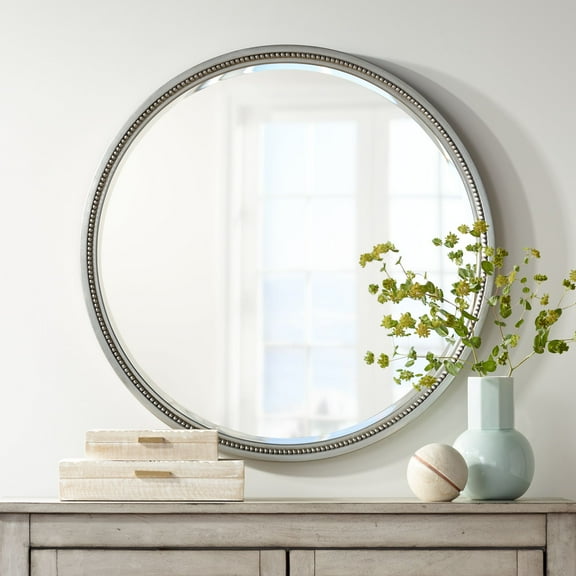 Noble Park Lorraine Round Vanity Decorative Wall Mirror Modern Beveled Beaded Trim Silver Wood Frame 32 3/4" Wide for Bathroom Bedroom Living Room