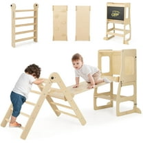 OLAKIDS Climbing Toys for Toddlers, 8 in 1 Foldable Wood Pikler Montessori Jungle Gym with Toddler Tower Angle Adjustable Ladder Ramp Slide, Indoor Kids Playground Climber Triangle Set (Natural)