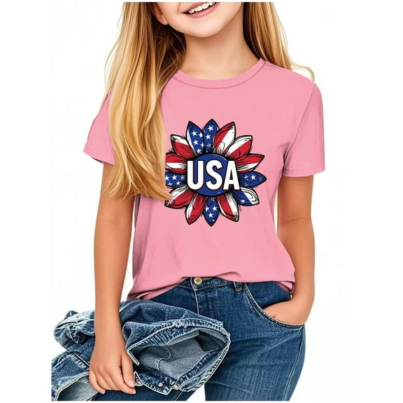 ZhuoLiL Girls Clothes 10-12 Outfits Boys' and Girls' Patriotic Flower & Flag Tee - Loose Fit Short Sleeve