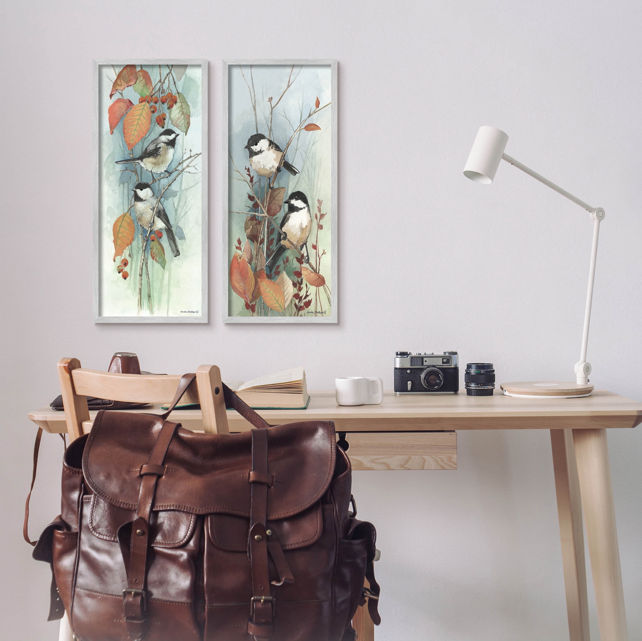 Stupell Industries Birds Perched Autumn Trees Graphic Art Gray Framed Art Print Wall Art, Set of 2, Design by Anita Phillips