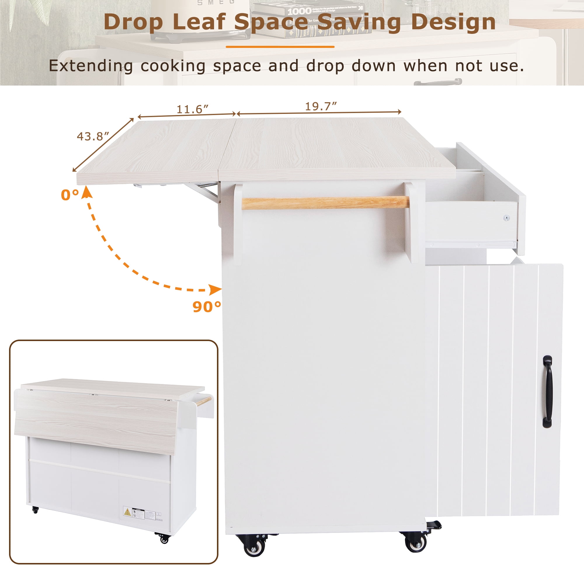 EUROCO 500LBS Rolling Kitchen Island with 15 Gallon Storage Trash Can,Kitchen Cart Island with Drop Leaf,Tilt Out Kitchen Trash Cabinet with Spice Rack, Adjustable Shelf and Drawers,White