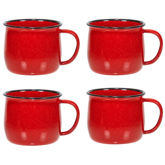 Red Co. Set of 4 Enamelware Metal 12 Oz Round Camping Coffee Mugs with Handle, White-Speckled Red/Black Rim