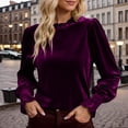 thumbnail image 2 of XIAOCHA Women's Velvet Blouses Long Sleeve Ruffle Neck Smocked Cuffs Pullover Top Elegant Party Tops, 2 of 5