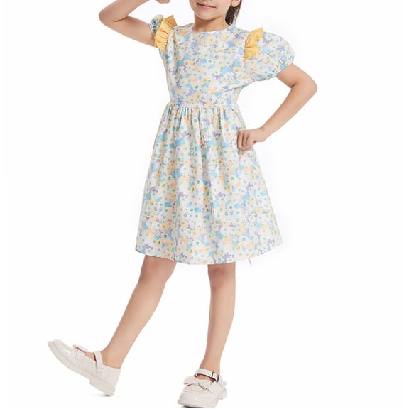 EnJoCho Girls Midi Flower Dress with Ruffl𝖾 Short Sleeve Kids Ruched Smoc𝗄ed Ruffl𝖾 A-Line Casual Maxi Dresses for Holiday
