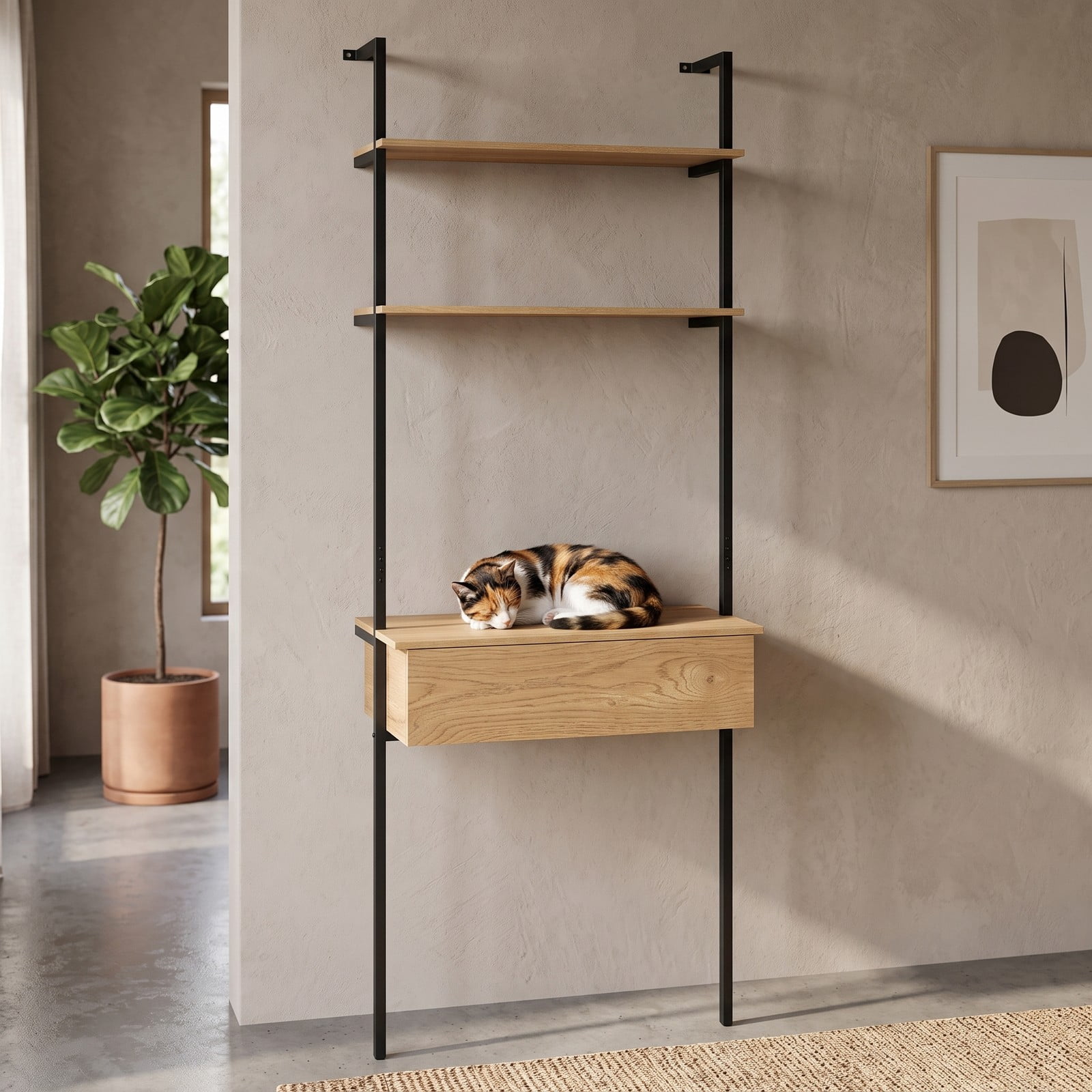 Furnibear 4-Tier Ladder Bookshelf with Drawer, Tall Narrow Metal Frame Bookcase Storage Shelf for Living Room, Bedroom, Home Office, Natural