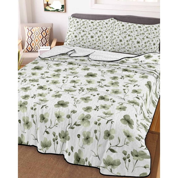 Sage Green Spring Floral Full Size Down Alternative Comforter, Lightweight Comforter Quilt Bedding Set with Pillow Shams Summer Botanical Elegant All Seasons Bed Comforter Duvet Insert 78"x90"