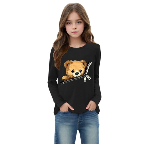 Ugoldhm Girls Shirts Round Neck Bear Zip Graphic Tops Long Sleeve Loose Fit Tunic Tees