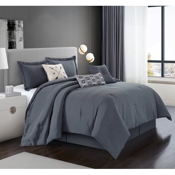 Lanco Selma Solid Color Stitch Gray 7-Piece Comforter Bedding Set, Grey, California King Fill Polyester