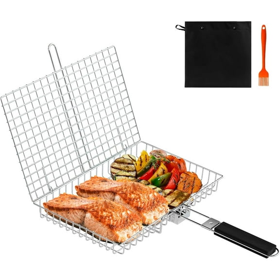 1-Pack Grill Basket with Removable Handle and 304 Stainless Steel, Grill baskets for outdoor grill,Ideal for Grilling Fish and Vegetables, BBQ Accessories for Easy Cooking