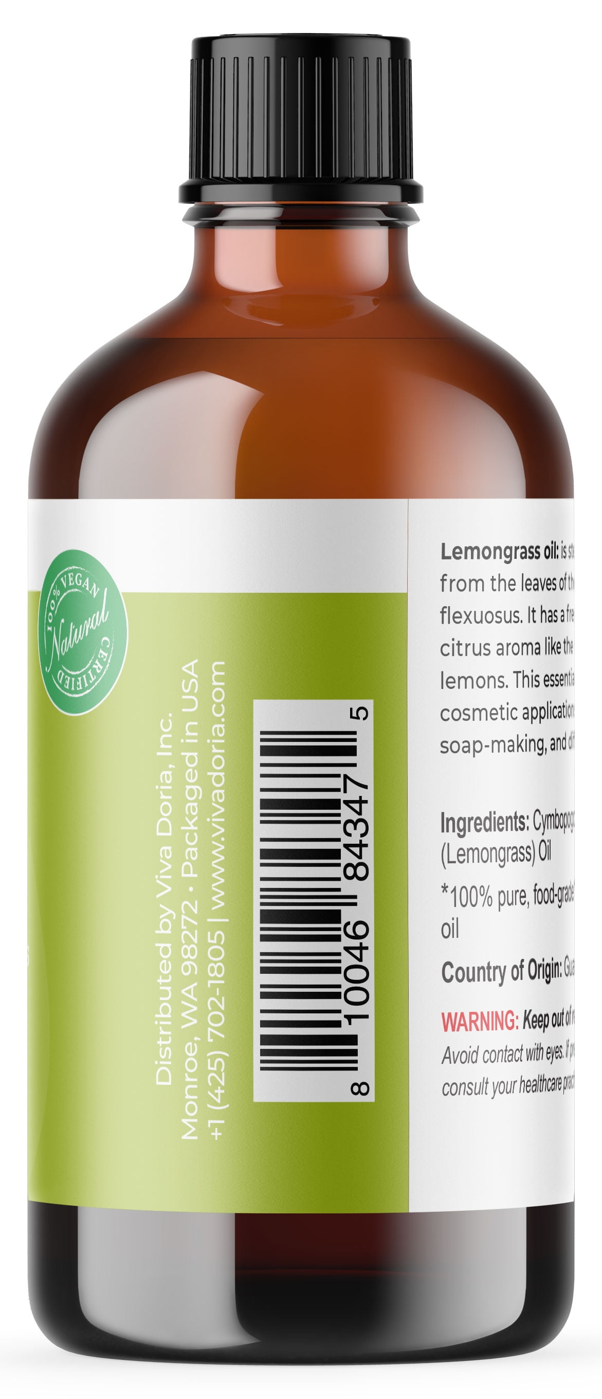 Viva Doria Pure Lemongrass Essential Oil, Undiluted, Food Grade, 118 mL (4 Fl Oz)