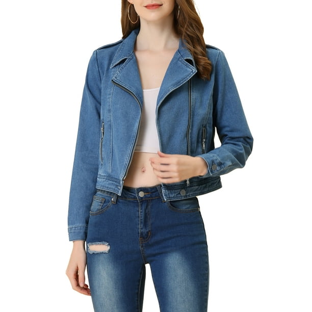 CHAQUETA DE DENIM MOTERA ASIMÉTRICA CON SOLAPA Y MANGAS LARGAS PARA MUJERES INSPIRADAS EN CHIC S AZUL
