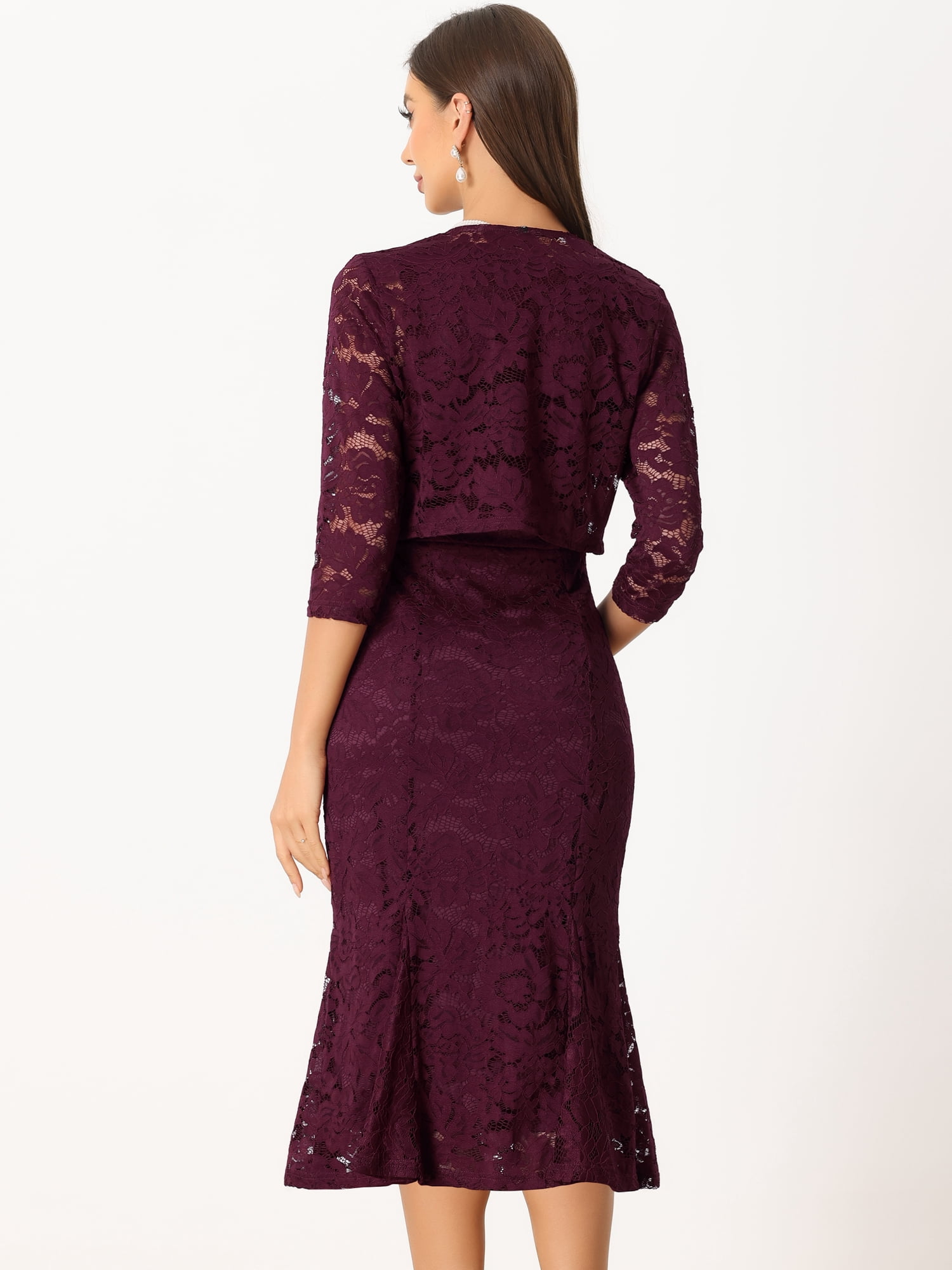 DARING DIVA Women's Fishtail Sheath Open Front Shrugs 2pc Lace Dress XS Burgundy