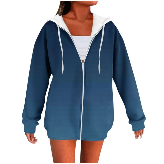 WRKEKC Womens Zip Up Hoodie Gradient Print Raglan Sleeve Hooded Sweatshirt with Drawstring Side Pockets Long Sleeve Fall and Winter Outerwear