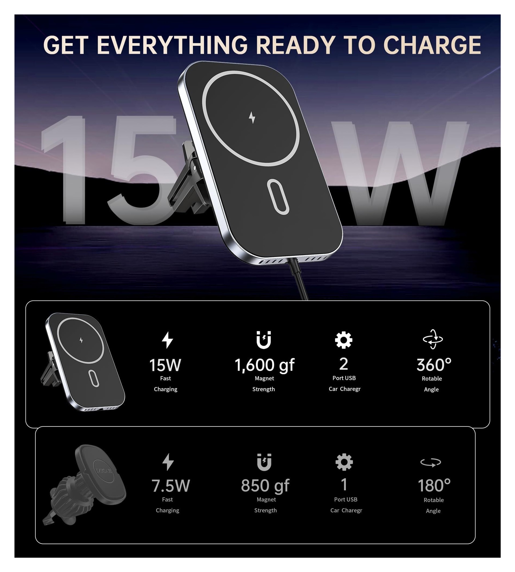 GUANGHUI for for MagSafe Car Mount Charger with Adapter, 360° Rotation Magnetic Wireless iPhone Car Charger for Air Vent, Compatible with iPhone 16/15/14/13/12 Series