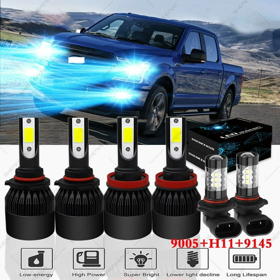 For Ford F150 2015-2020 8000K Ice Blue Headlights 9005 LED High Beam H11 Low Beam 9145 Fog light,6pcs