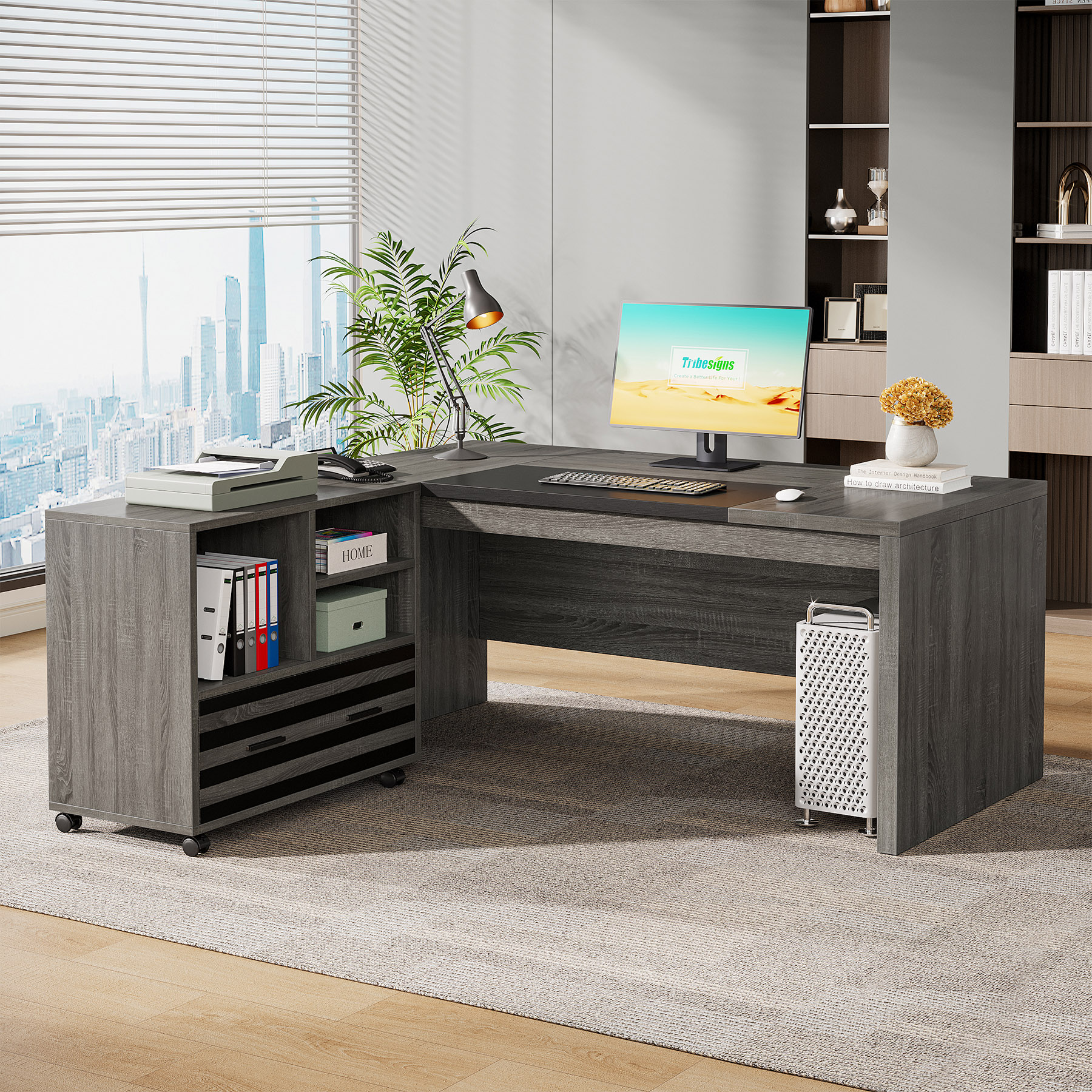 62.2" Executive Desk with Mobile File Cabinet, L-Shaped Office Desk with Storage Shelves, Gray