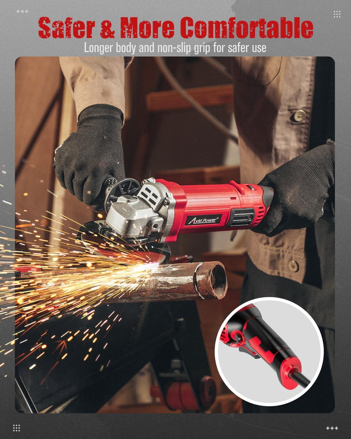 Angle Grinder 4-1/2 Inch 8.0 Amp 1000W Electric Grinder Tool 7-Variable-Speed Metal Grinder, 11,500 RPM, Paddle Switch with Lock-on Button, Cutting & Grinding Wheels and Side Handle - Red